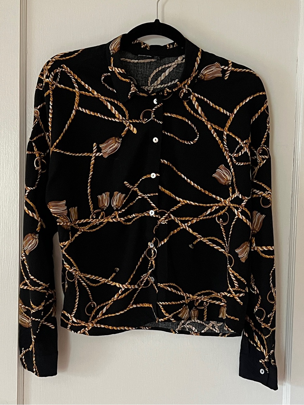 Stradivarius Black Blouse with Gold and Tan Rope Print